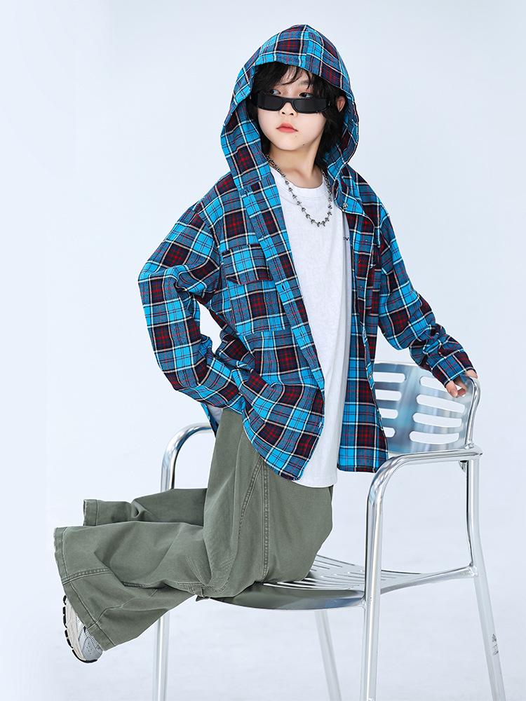 Spring & Autumn 2024 Boys' Classic Plaid Hooded Long-Sleeve Shirt