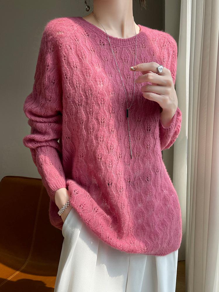 Crochet Hollow Knit Cashmere Sweater - Women's Autumn/Winter Round Neck Loose Fit