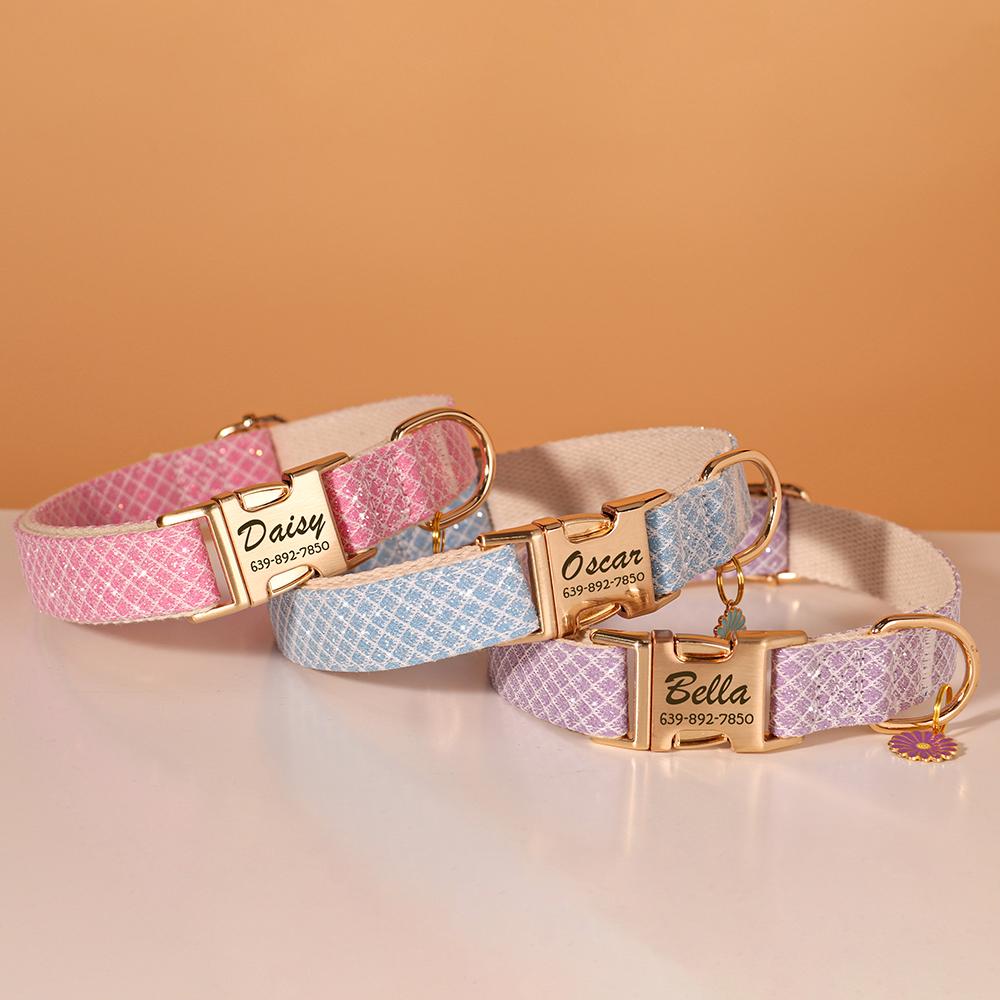 Bling Nylon Personalisierbares Hundehalsband Niedliches Blumenanhänger Hundehalsbänder Gravur Haustiername ID-Schnalle Halsband Für Kleine Große Hunde Chihuahua
