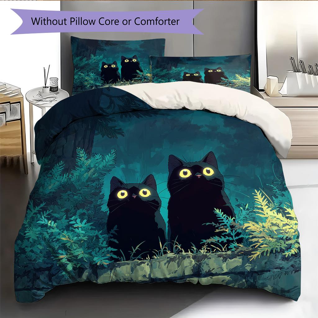 Black Cat at Night Pattern Bedding Quilt Set  Home Decoration  Gift (1 * duvet cover + 2 * pillowcase  without core)