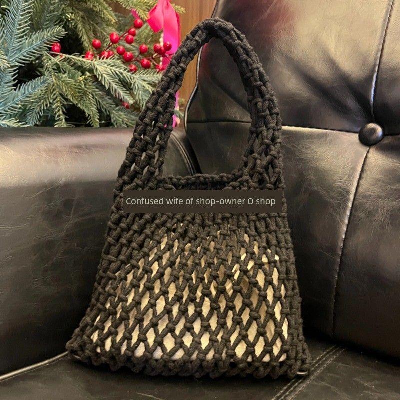 

Candy Color Cotton Thread Woven Bag New Hollow Hand Bag Dopamine Color Woven Bag Wrist Bag Handbags Women Black