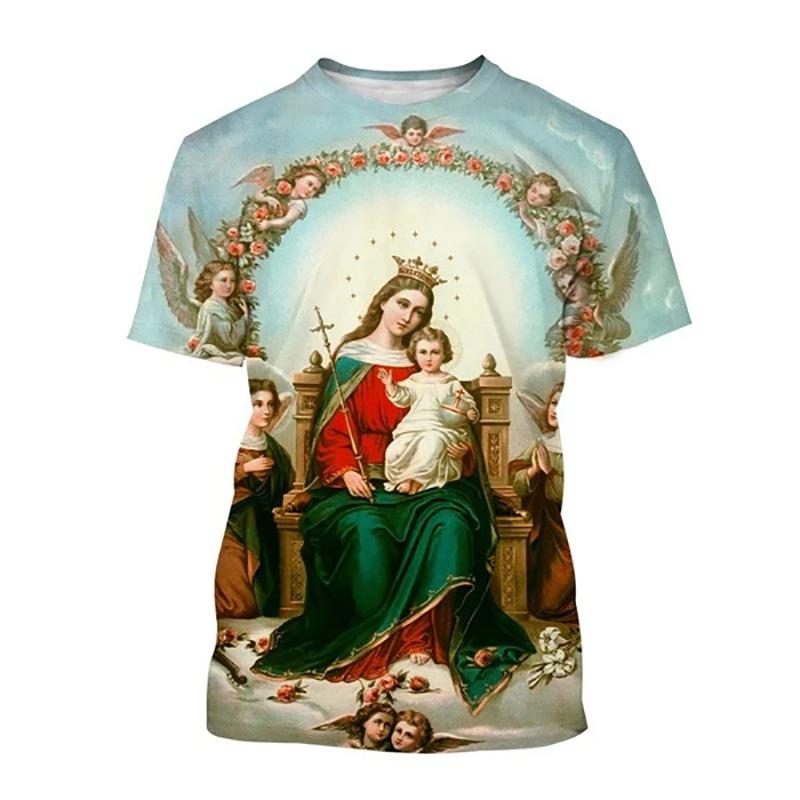 Camiseta 2025 Nuevo Verano Virgen María Estampado 3D Hombres Mujeres Cuello Redondo Manga Corta Camisetas Ropa Urbana Harajuku Camisetas Tops para Niños
