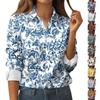 Damen Button-Down Prints Hemd Langarmhemd Business Arbeits-Tops Lässig Mit Taschen Jacke
