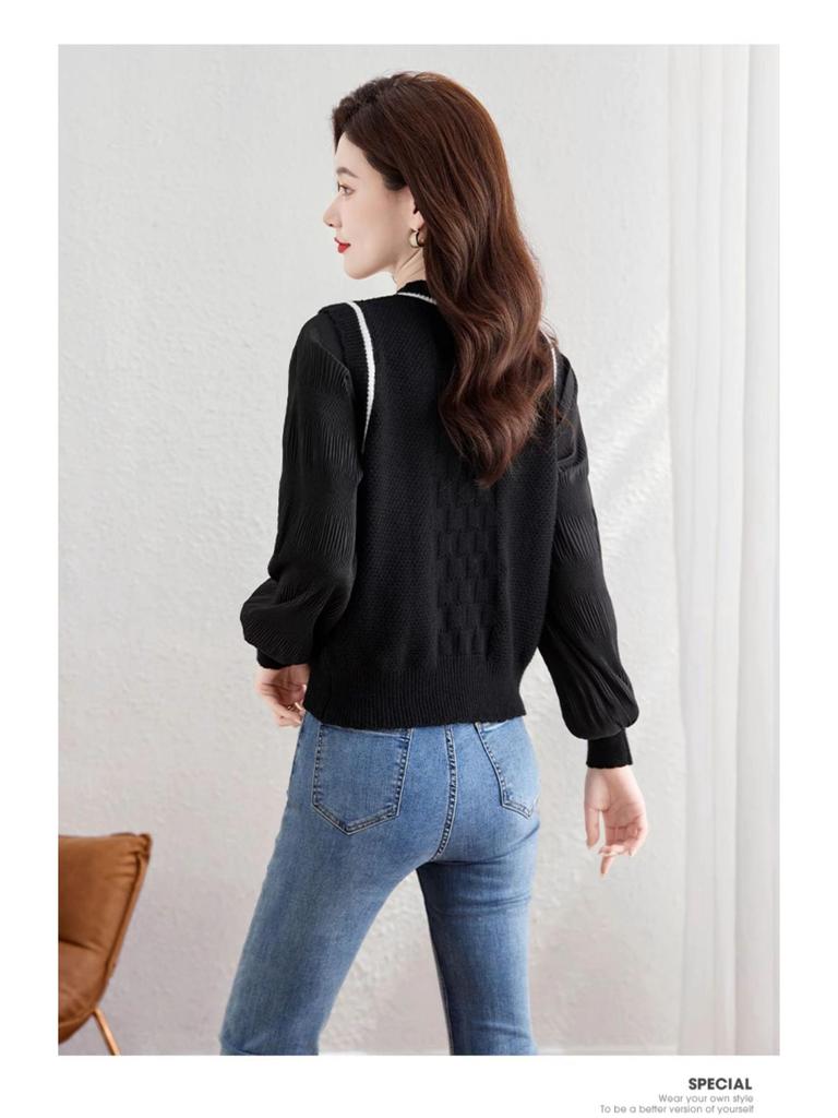 French Retro College Style Long-Sleeve Round Neck Spliced Two-Piece Shirt for Women