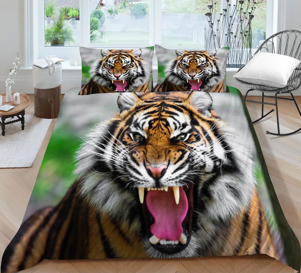 3D Bedding Set Black Duvet Quilt Cover Set Comforter Cover Pillowcase King Queen Size Animal Tiger Printed Polyester Quilt Cover