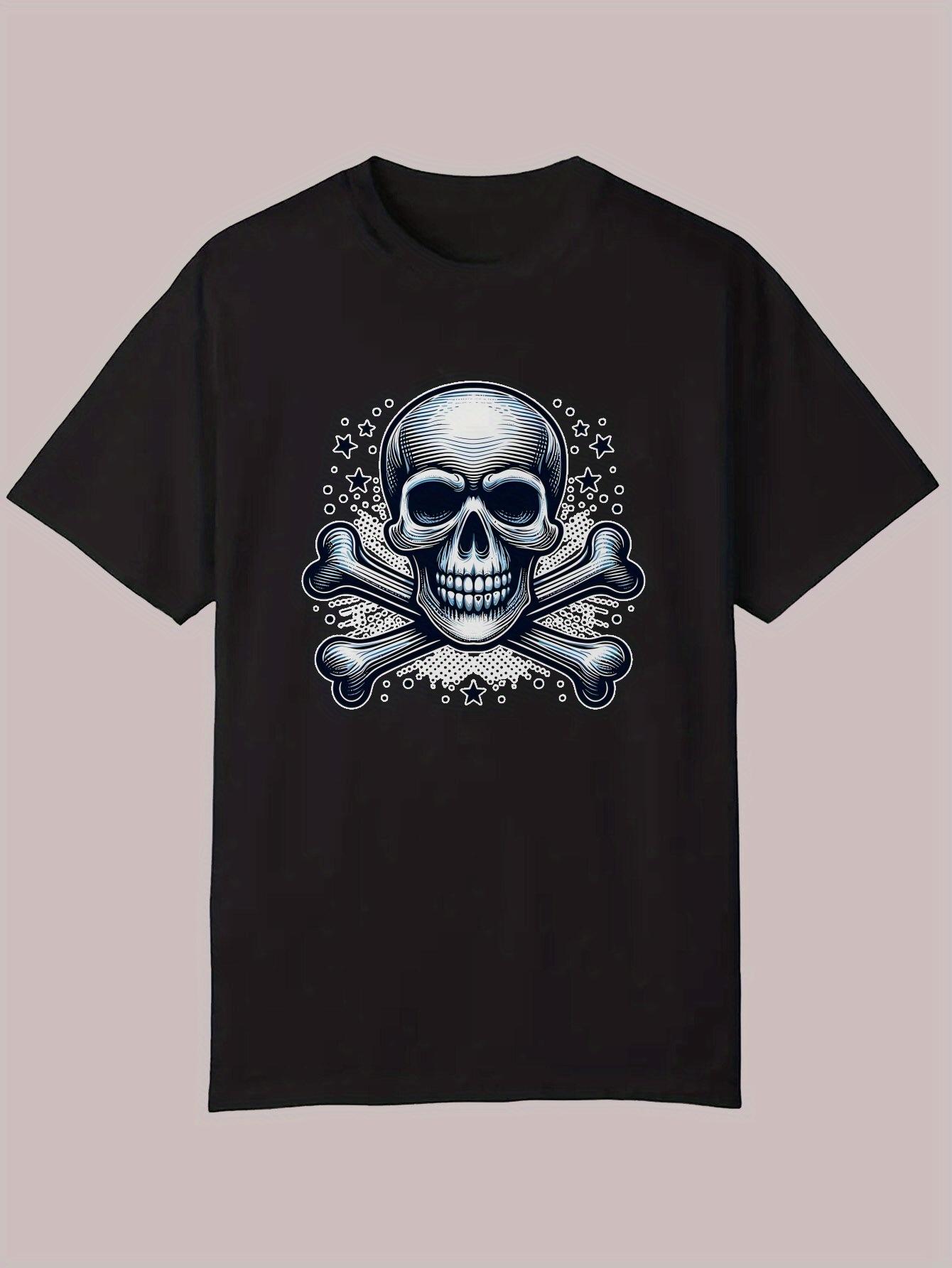 Casual Crew Neck T-shirt with Skull & Crossbones Graphic - Black Polyester Tee for Summer XL