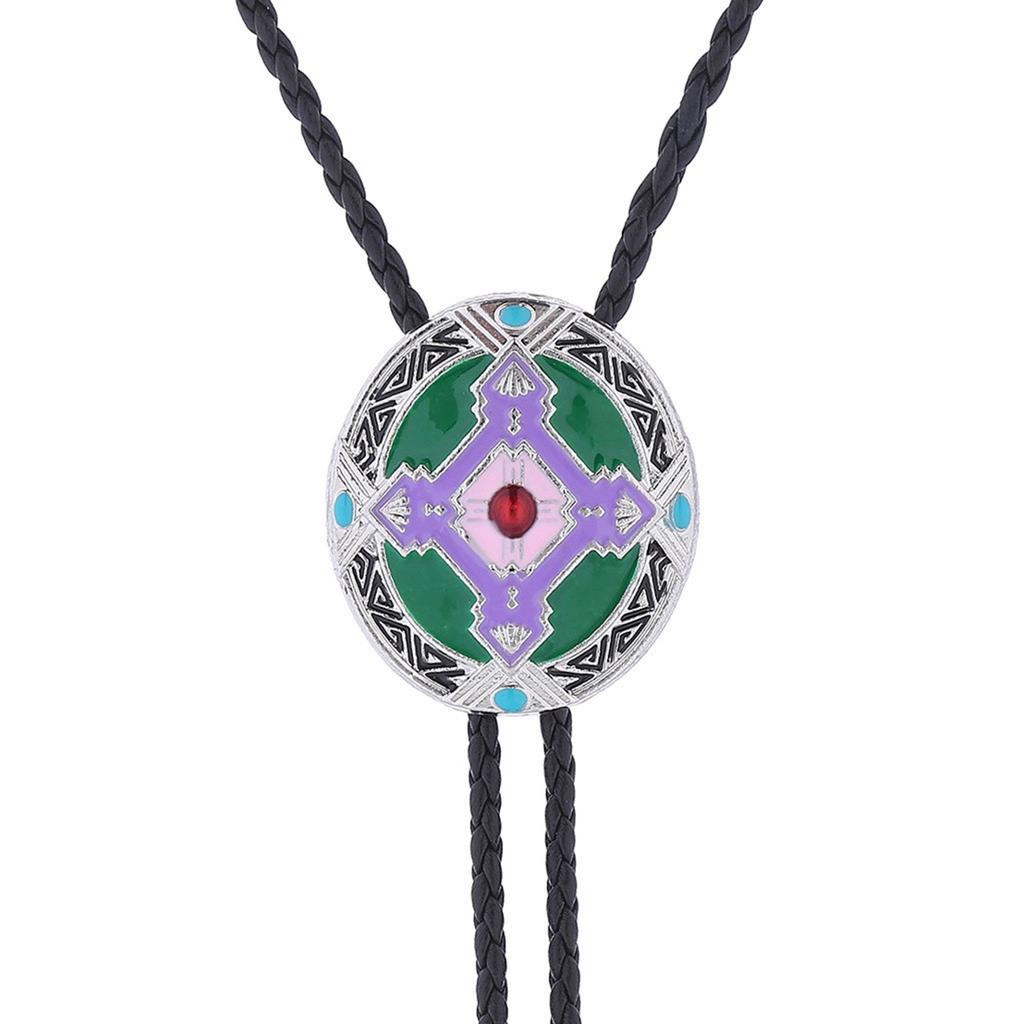 Braided Shoestring Bolo Tie with Engraving Totem Charm Cowboy Necktie Necklace Country Style Bolo Tie Cowboy