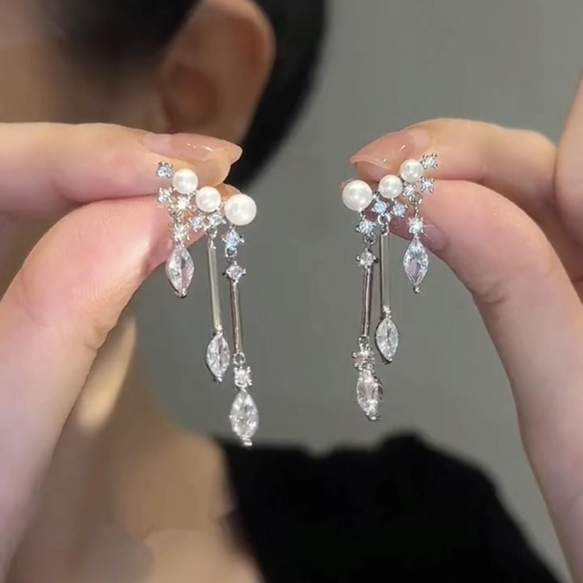 French Zirconia Pearl Tassel Earrings - Elegant, Exquisite Design