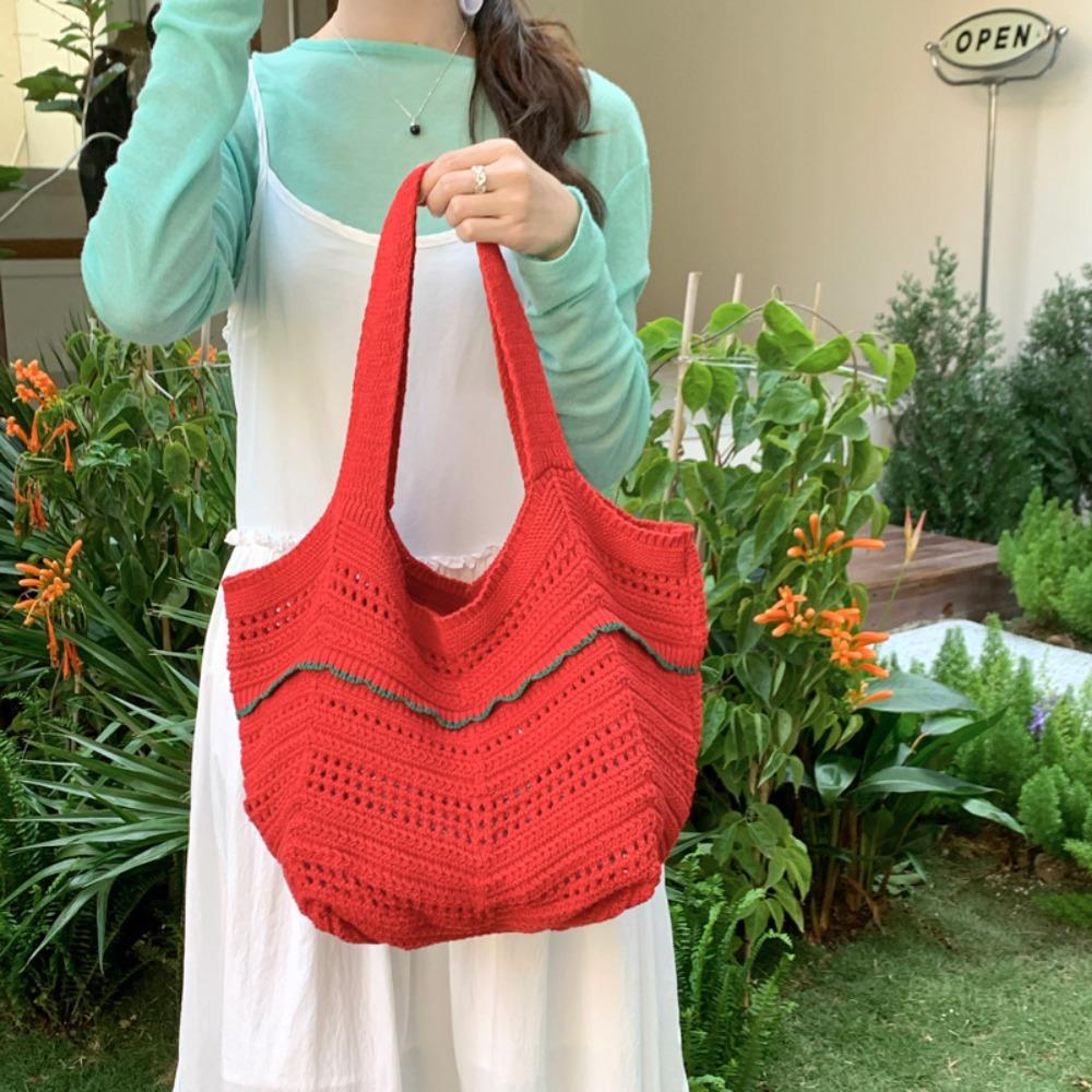 Korean Style Hollow Out Knitted Weave Bag Solid Color Knitted Shoulder Bag Crochet Tote Bag  Daily