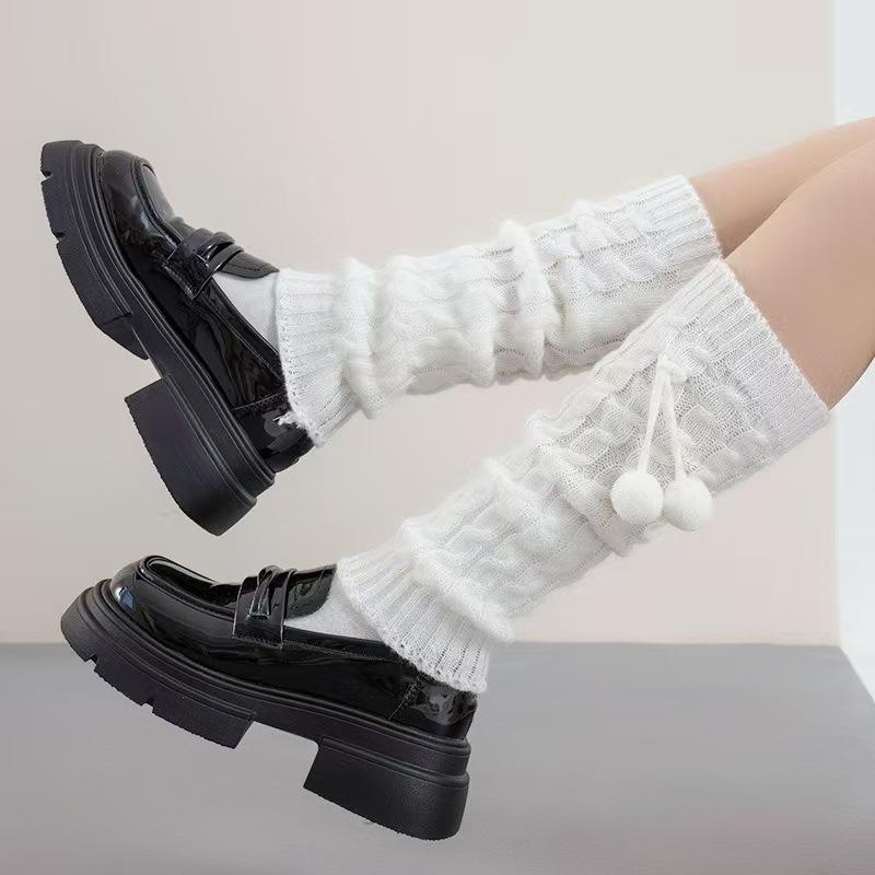 

1pair Lolita Fluffy Pom Pom Sock Leg Warmers Knitted White Black Thickened Thermal Winter Boot Cuffs Cozy Soft Woolen Stocking One Size белый