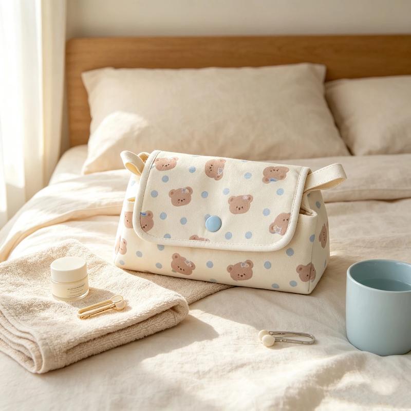 Milk Blue Bear Polka Dot 3-Layer Pencil Case Large Capacity Student Stationery Box Cute Cosmetic Storage Bag