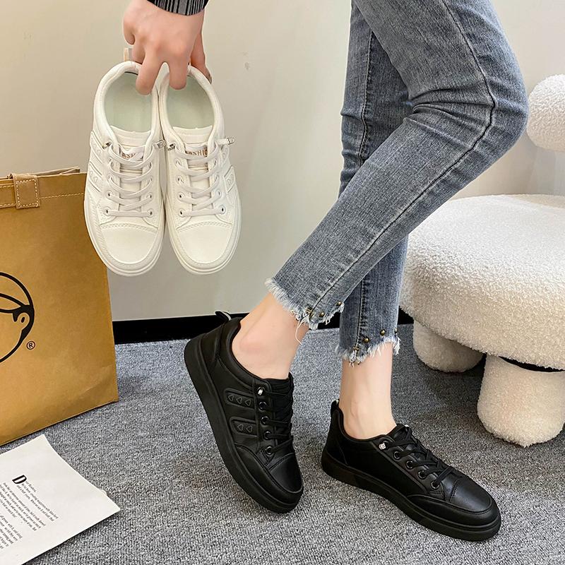 Women Casual Shoes Breathable Black White Pu Leather Sneakers Fashion Driving Walking Tennis Shoes for Woman Skate Flats