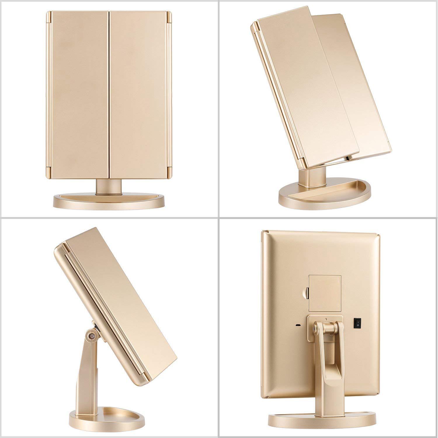 

Портативное светодиодное зеркало для макияжа с сенсорным выключателем, трехсторонним дизайном, вращением на 180° и подсветкой для улучшения красоты. 22 Lights + 10x Mirror