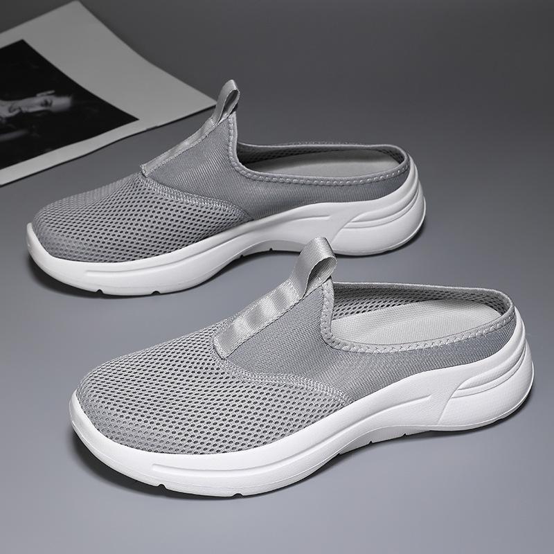 Large Size Outdoor Travel Net Surface All Black Half Drag Large Size Casual Shoes Light Soft Sole Men's Slippers