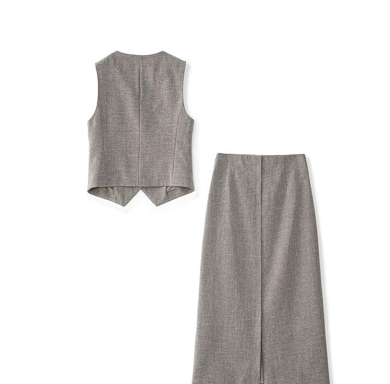 Old Money V-neck Button Vest & Fashionable Midi Skirt Two-piece Set