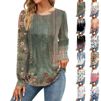 Women's Fall Fashion Casual Floral Top Long Sleeve Shirt Loose Pullover