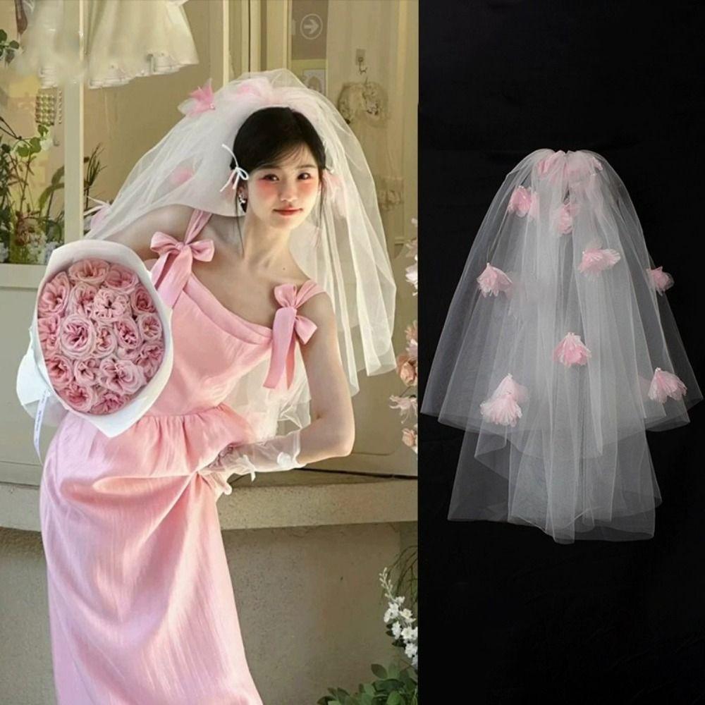 Soft Wedding Veils Pink Flower Bride Head Gauze Elegant Bridal Veil  Wedding Accessories