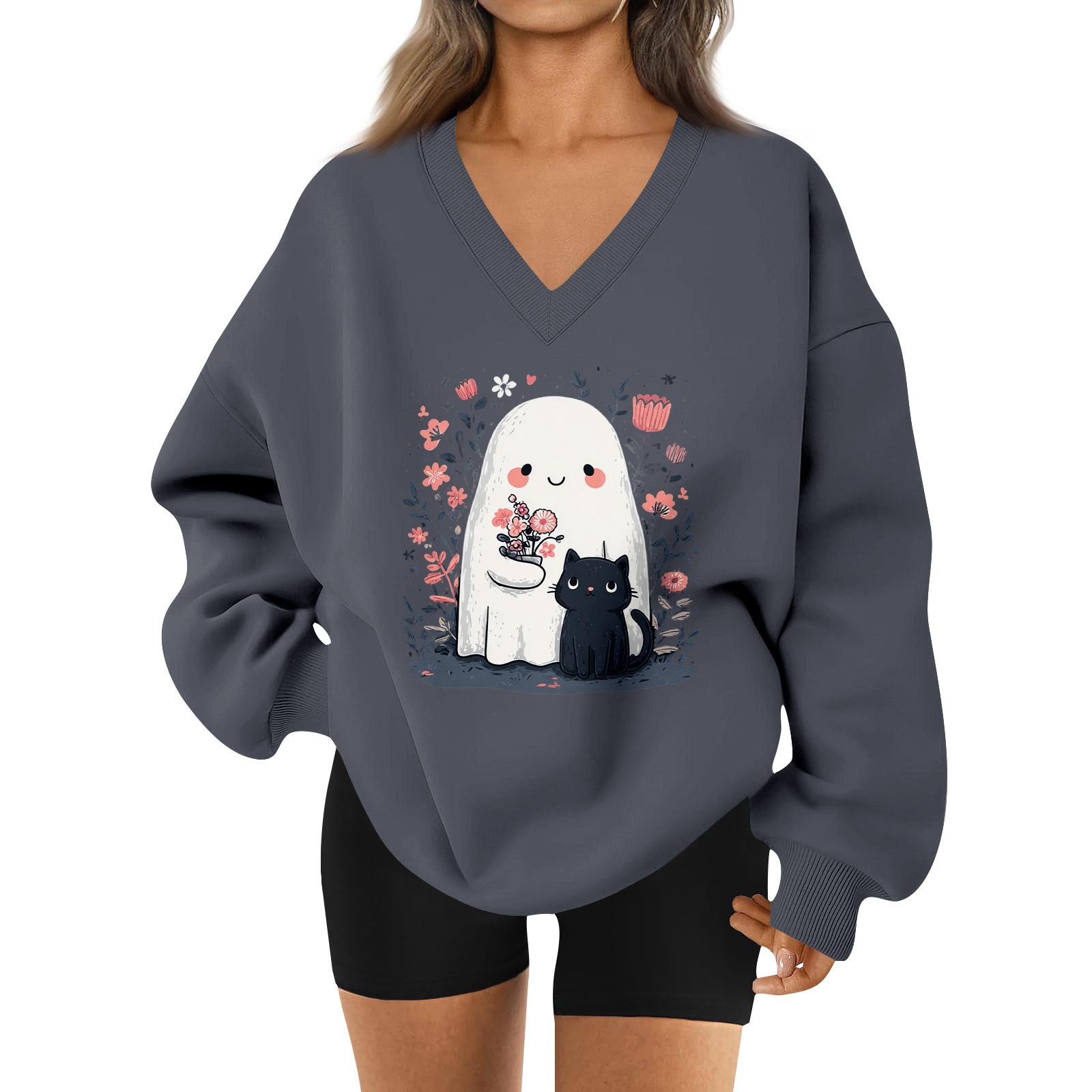 

Женский спортивный свитшот с V-образным вырезом, приспущенным плечом и принтом на Хэллоуин L