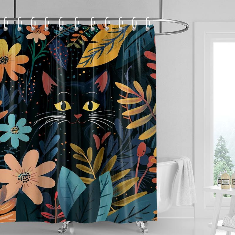 Abstract Art Cat Theme Shower Curtain 180x 200cm Waterproof Mildew-proof Bathroom Curtain Bathroom Ins Wind Decorative Curtain