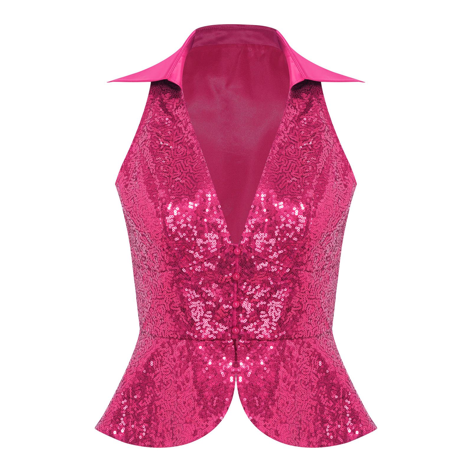 

Жіночий стильний однотонний жилет з лацканами, без рукавів, з блискучими паєтками, вечірній топ, клубне вбрання M гарячі рожевого кольору
