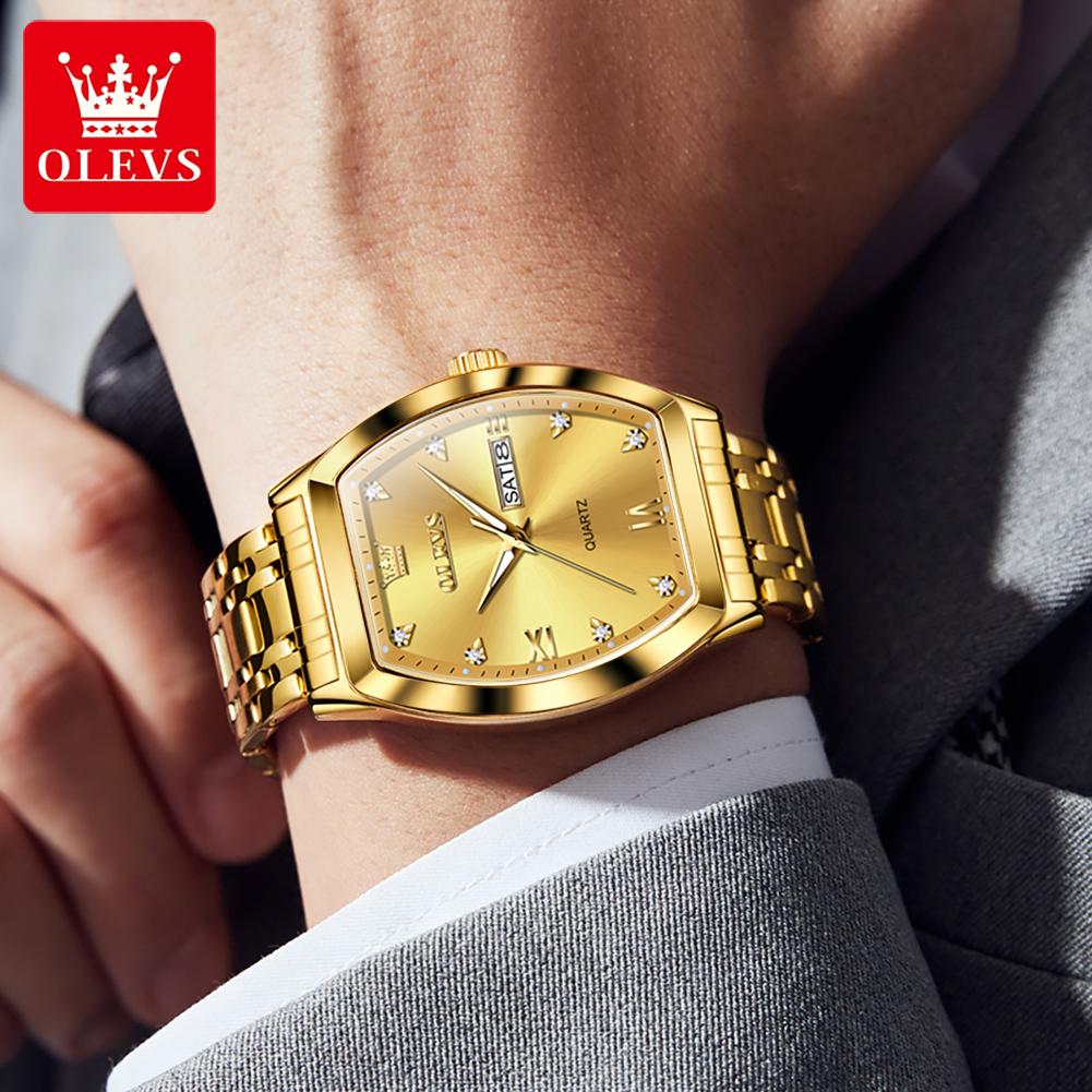 OLEVS Brand Fashion Tonneau Dial Quartz Watch for Men Stainless Steel Waterproof Luminous Week Date Watches Relogio Masculino