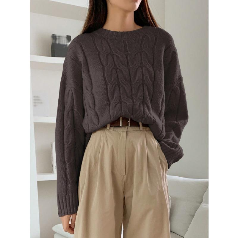 Casual simple knitted pullover autumn and winter women's twist loose round neck solid color versatile sweater women