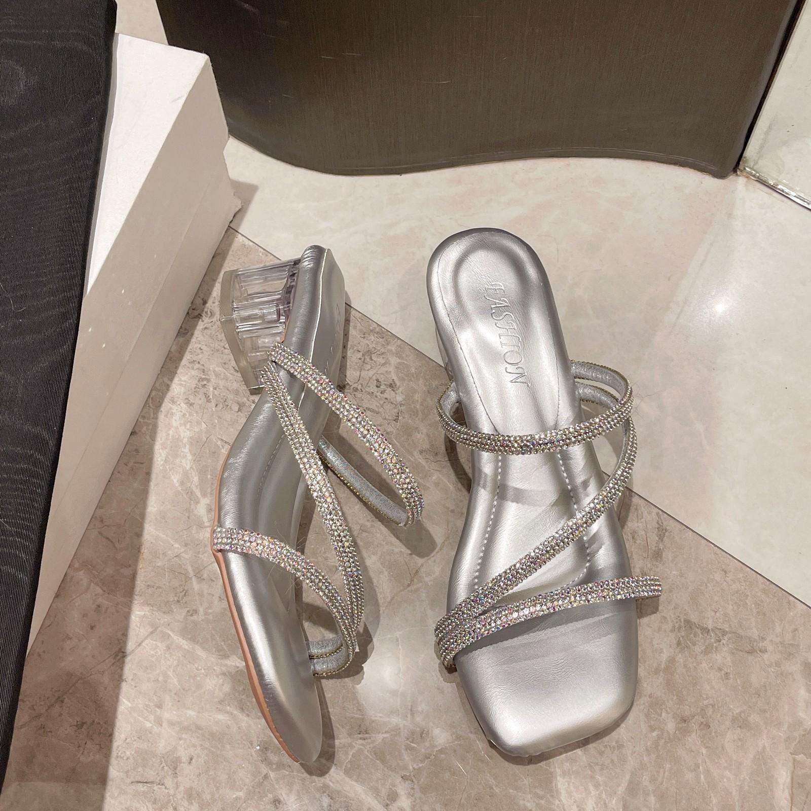 

Square head high heels, outer slippers, summer rhinestone sandals, women s shit, beautiful feeling, new word with thick heel 40 срібний