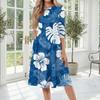 Women Casual Fashion Round Neck Mid Length Dress Hawaiian Print Three Quarter Sleeve Relaxed Fit Summer Dress