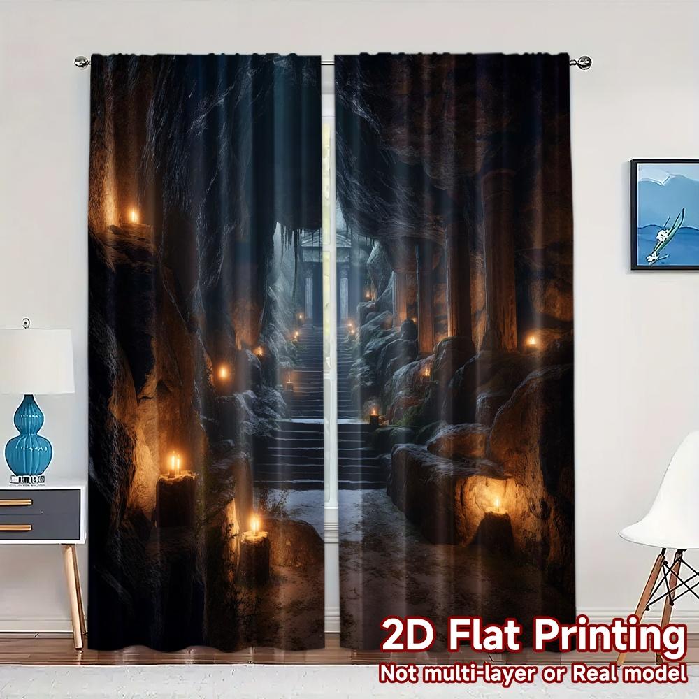 

Set Of 2 Modern Flat Printing Curtains Without Rod Ancient Cavern Versatile Polyester Decorations Curtain W100*H70(CM)-Grommet top&1PCS