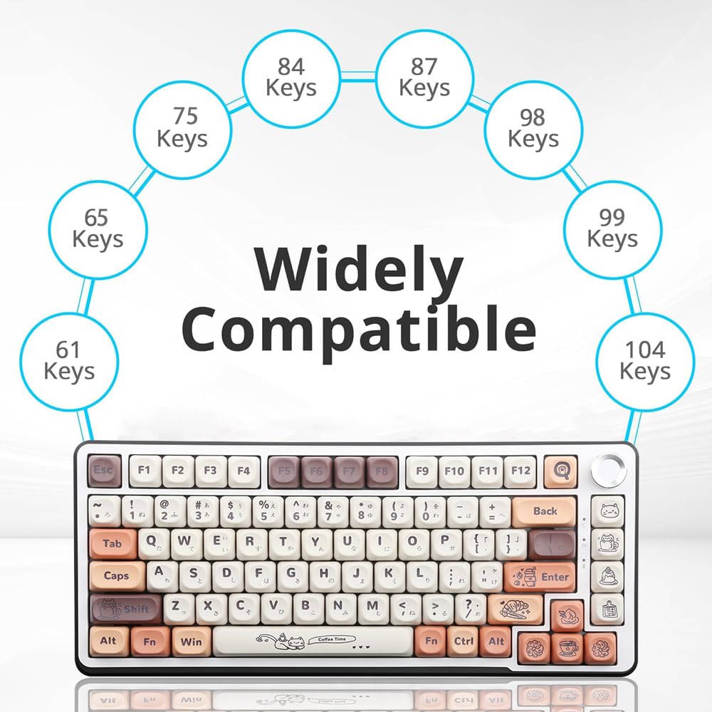134 Teclas PBT Teclas Tema Gato Café Perfil MOA Teclas Sublimação de Tinta 5 Lados para Teclado Mecânico 60% 65% 75% 100%