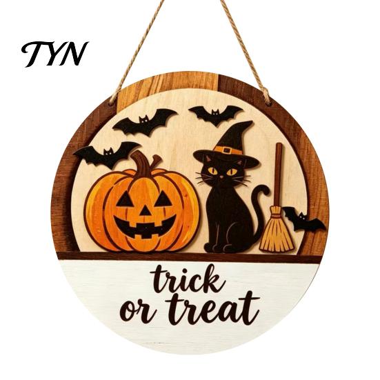 Fall Party Decorations Halloween Layered Round Door Hanger, 3D Pumpkin Ghost Owl Wood Welcome Sign, Wooden Hanging Decor Farmhouse Front Wall for Home