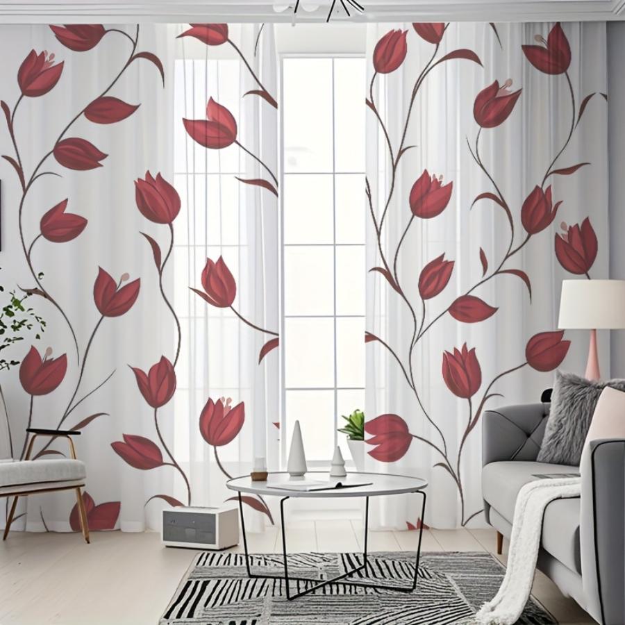 Digital Printed Curtains with Red Flower Vines Design, Stylish Window Drapes for Living Room Bedroom Home Decoration