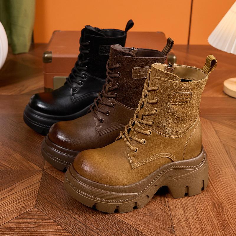 thick-soled thick-heeled Martin boots women's 2025 autumn and winter new short boots small inner height increase women's shoes versatile rhubarb boots