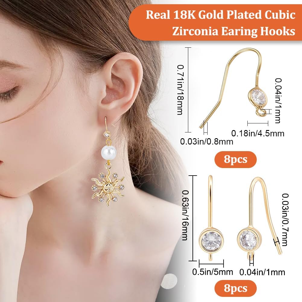 Beebeecraft 16Pcs 2 Sizes Cubic Zirconia Earring Hooks 18K Gold Plated Ear Wire Fish Hooks with Loop Round Rhinestone Earring Components for DIY