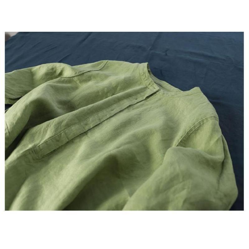Abito Chemisier in Cotone e Lino Traspirante Collo Alto Manica 3/4 Abbottonatura Frontale Vestibilità Larga Taglie Forti Abito Lungo con Tasche Casual Quotidiano da Vacanza