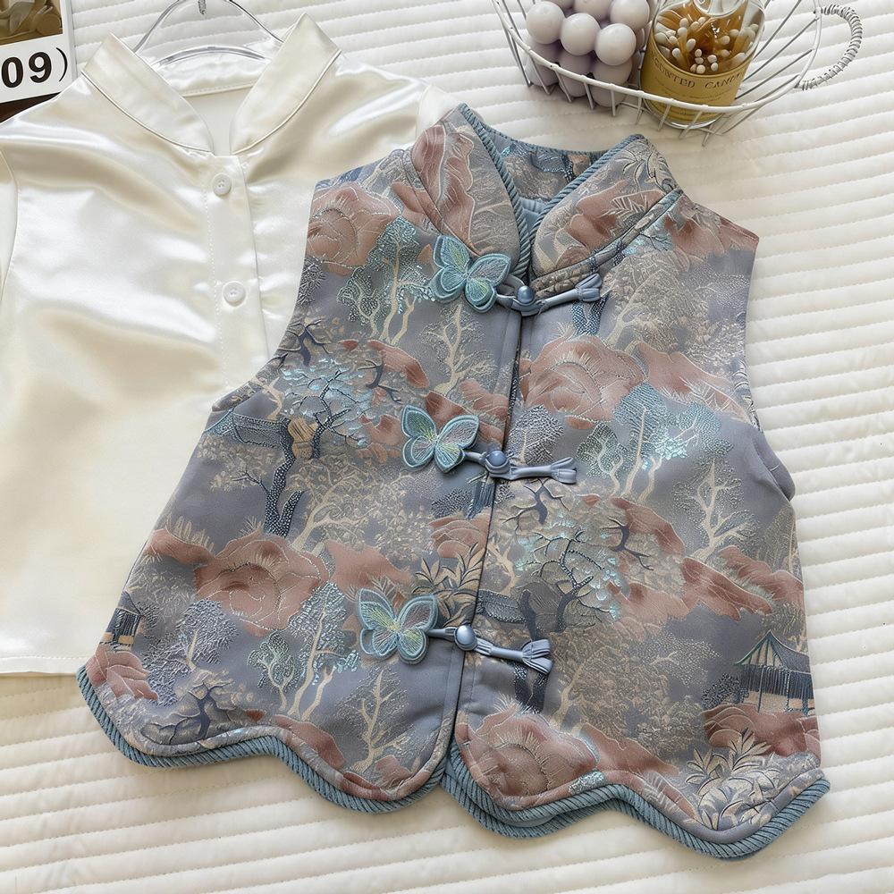 Girls New Chinese Embroidered Vest 3 Piece Set With Base Shirt And Denim Flare Pants
