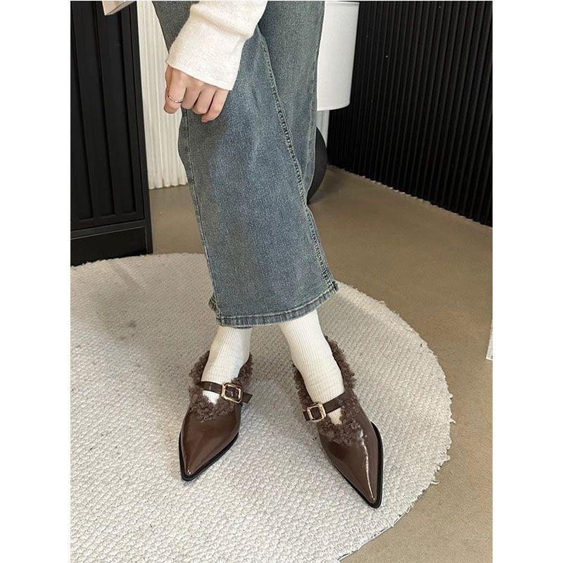 Fleece 2025 autumn and winter new hair super one-word button pointed flat-soled cotton shoes hair shoes flat-heeled single shoes women's shoes
