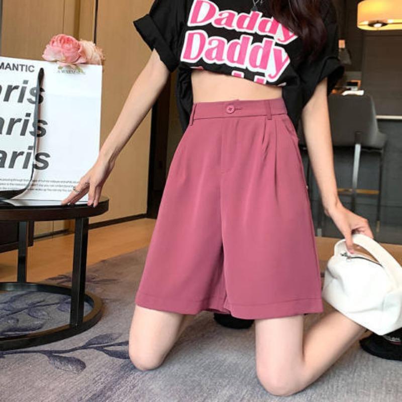 Suit Shorts for Female Students In Summer Thin High Waist Wide-leg Macaron Ice Silk Straight Loose Outer Five-point Mid-pants