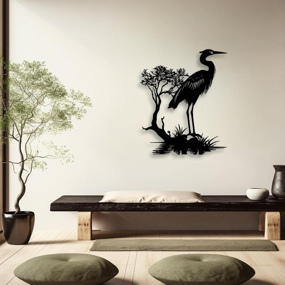 Metal Crane Wall Art, Japanese Style Black Decor for Living Room Bedroom Office