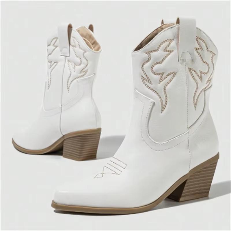 

Зимний Дизайн Панк Стиль Вышивка Острый Носок Женские Ботильоны Квадратный Низкий Каблук Короткие Западные Ботильоны Обувь 40 белый