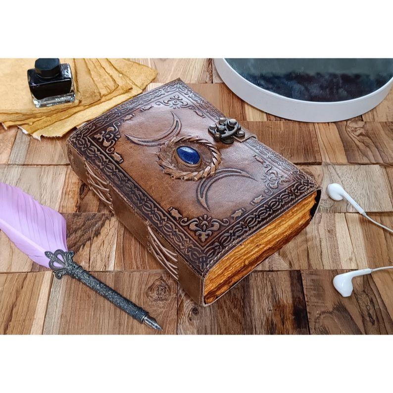 Triple Moon Lapis Leather Journal: Antique Spell Book Grimoire