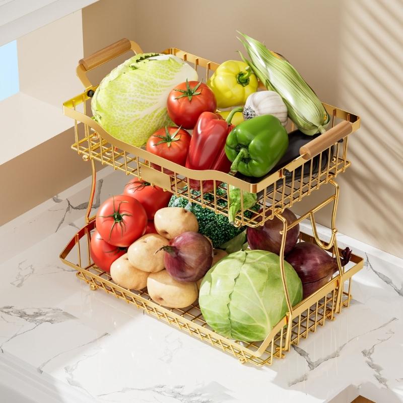 Space Saving Metal 2 Layer Produce Organizers With Rustproof Easy Cleaning Surfaces Home Storage Solution