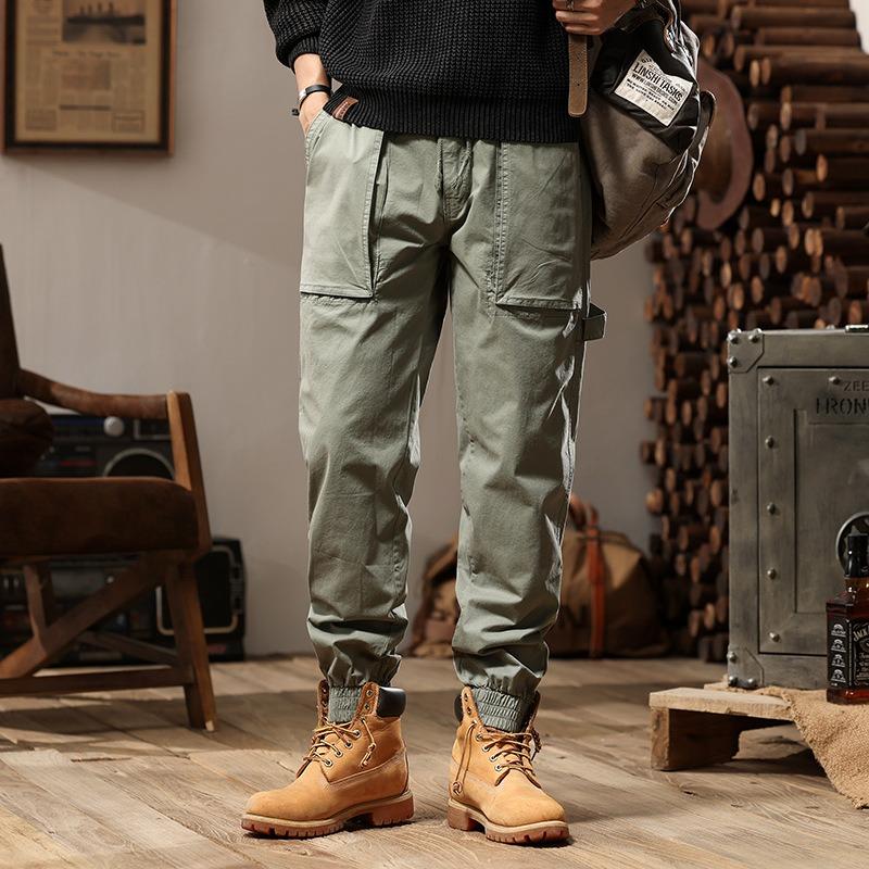 New Men's Overalls Retro Casual Pants Men's Trendy Brand Tied Feet Trousers Green Men's Pants Men's Clothing