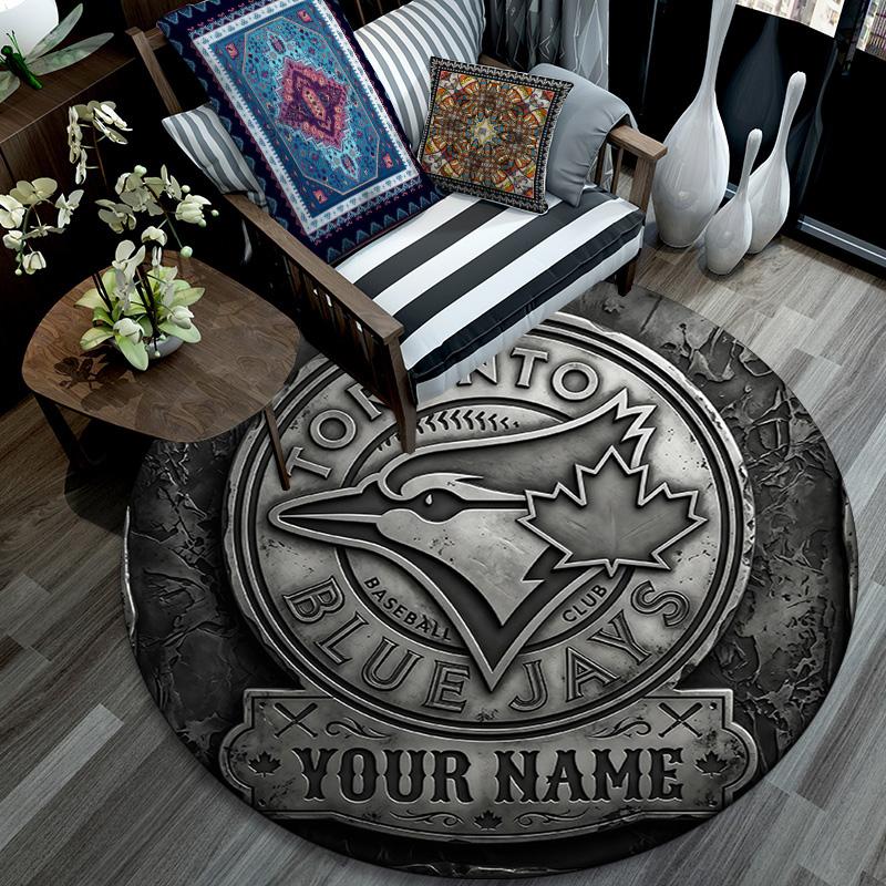 Custom Name Toronto Blue Jays Round Area Rug,Carpet Rug for Living Room Bedroom Sofa Playroom Decor,Non-slip Floor Mat