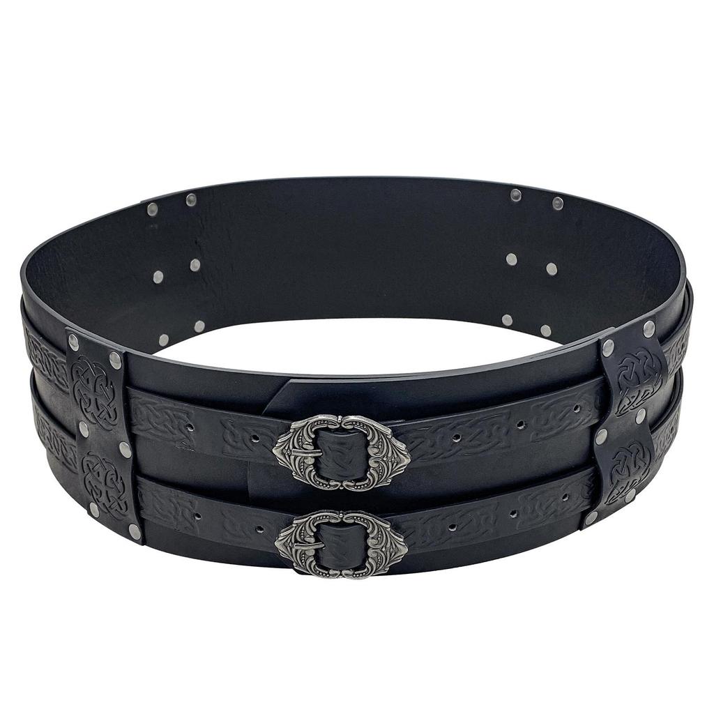 Layered Wide Belt with Rivets Embossed Wrap Buckles Fashion Waistband