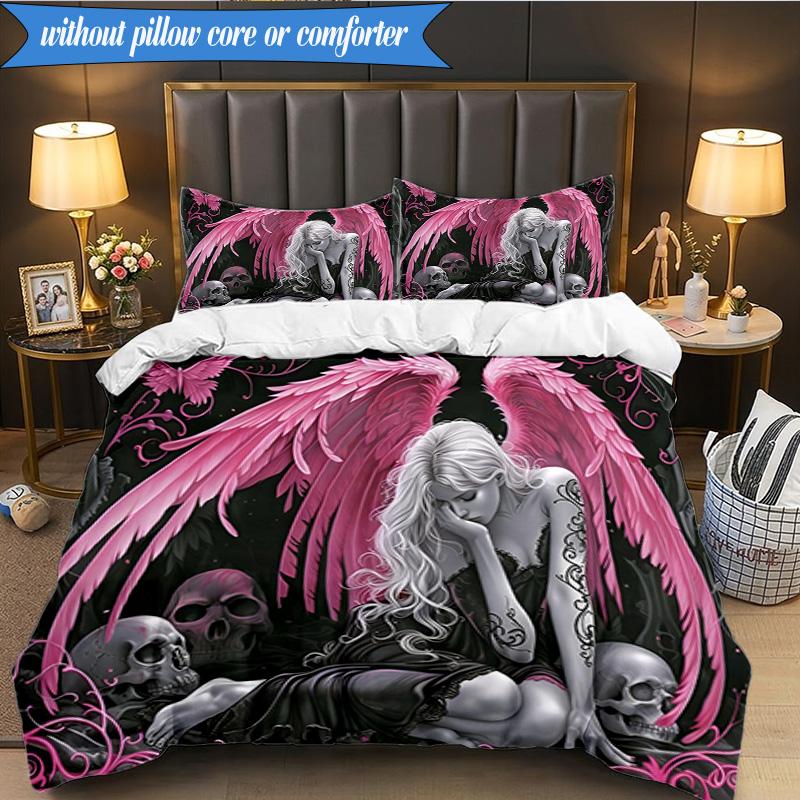 3PCS Ethereal pink Angelic skull Bedding Set,Including 1pc Duvet Cover And 2pcs Pillowcases Perfect for Bedroom, Dormitory, Fan Christmas gift