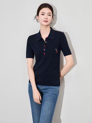 Exquis Haut Tricot à Col Rabattu Brodé Flamant Rose Style Français pour Femmes - Nouvelle Mode d'Été à Manches Courtes