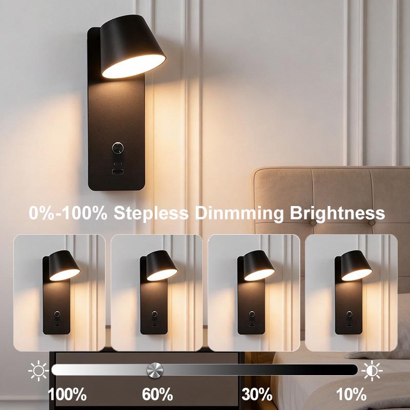 Stepless Dimming LED Wall Lamp with USB Charging - Metal Body, Wall-Mounted, No Tray, Ideal for Bedroom & Living Room