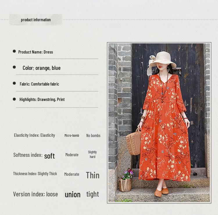 2026 Summer Retro Print Cotton & Linen Long Dress for Women