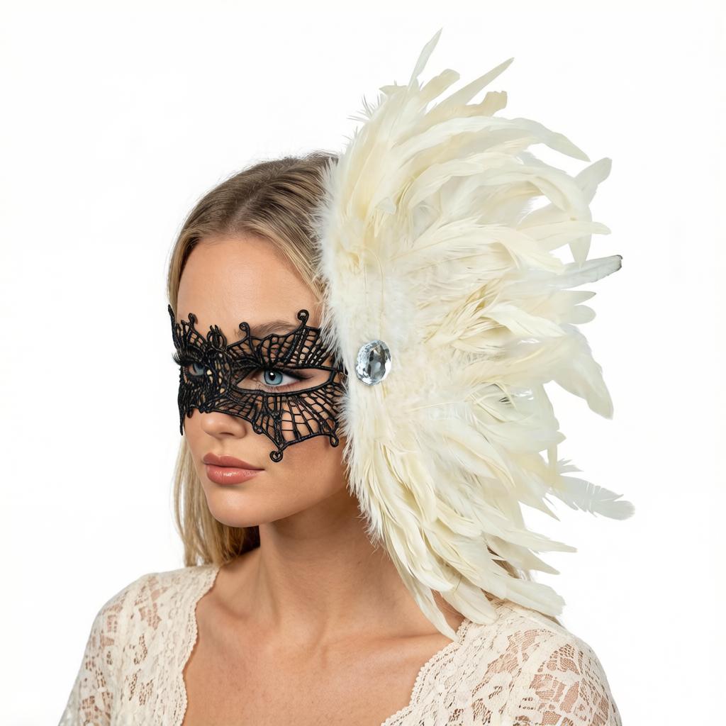Feather Side Headpiece with Lace Eye Mask for Carnival Parade Masquerade Ball Mardi Gras Party Samba Dance Costume Outfit